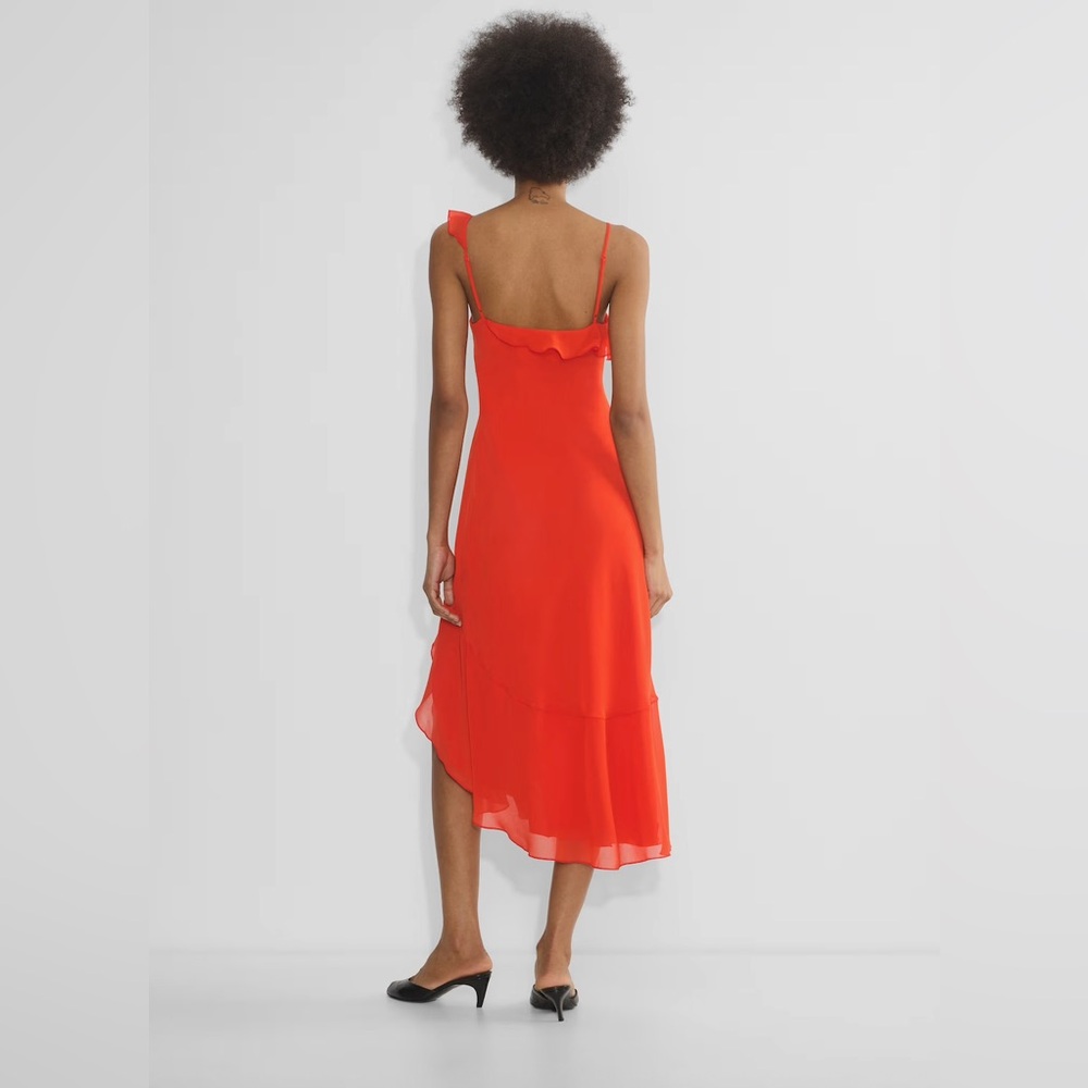 Aritzia Wilfred Engage Dress Red/Orange Rosette Ruffle Asymmetrical Slip Dress - Picture 2 of 13